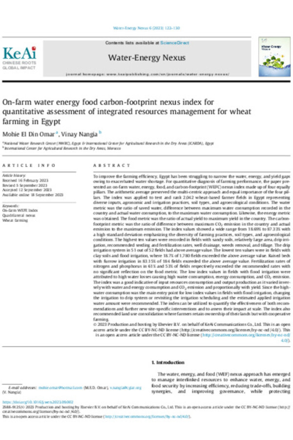 On-farm water energy food carbon-footprint nexus index for quantitative assessment of integrated resources management for wheat farming in Egypt