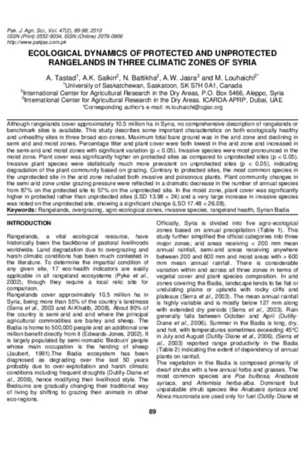Ecological dynamics of protected and unprotected rangelands in three climatic zones of Syria Ecological dynamics of protected and unprotected rangelands in three climatic zones of Syria