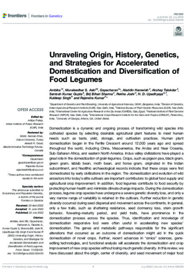 Unraveling Origin, History, Genetics, and Strategies for Accelerated Domestication and Diversification of Food Legumes Unraveling Origin, History, Genetics, and Strategies for Accelerated Domestication and Diversification of Food Legumes