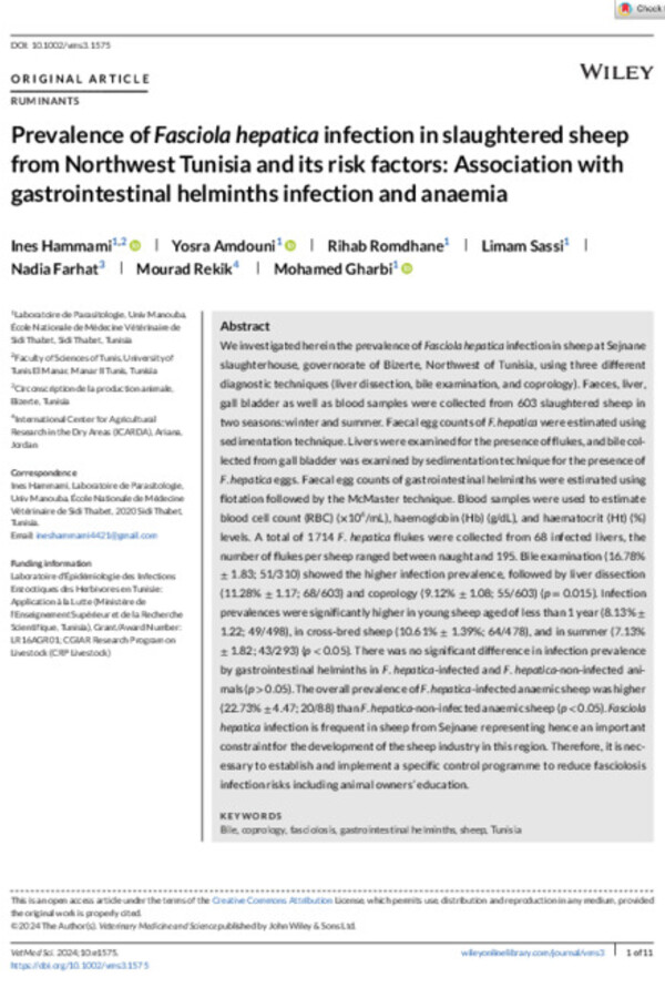 Prevalence of Fasciola hepatica infection in slaughtered sheep from Northwest Tunisia and its risk factors: Association with gastrointestinal helminths infection and anaemia