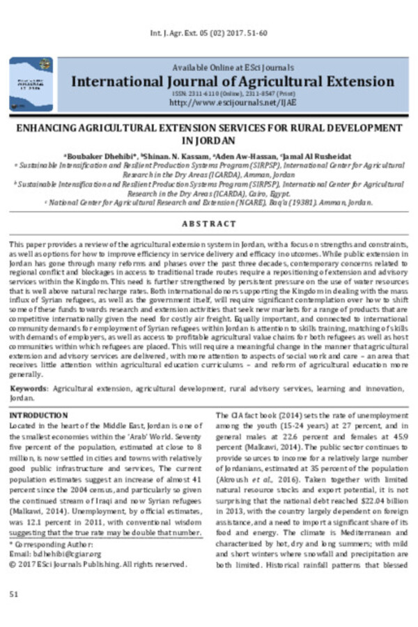 Enhancing Agricultural Extension Services for Rural Development in Jordan Enhancing Agricultural Extension Services for Rural Development in Jordan