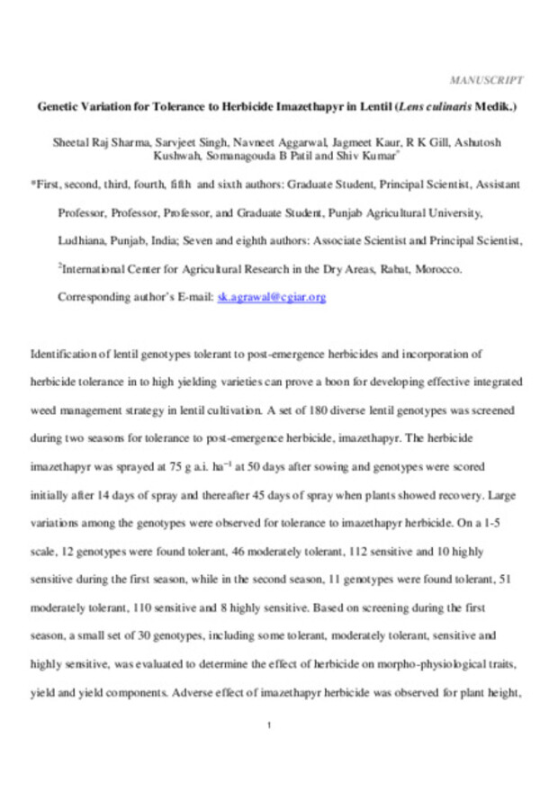 Genetic Variation for Tolerance to Herbicide Imazethapyr in Lentil (Lens culinaris Medik.) Genetic Variation for Tolerance to Herbicide Imazethapyr in Lentil (Lens culinaris Medik.)