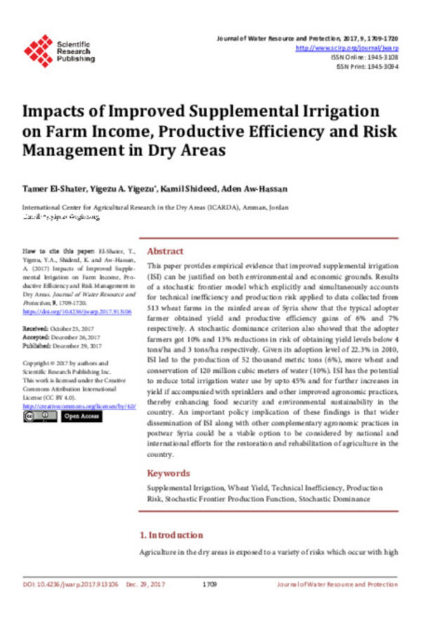 Impacts of Improved Supplemental Irrigation on Farm Income, Productive Efficiency and Risk Management in Dry Areas