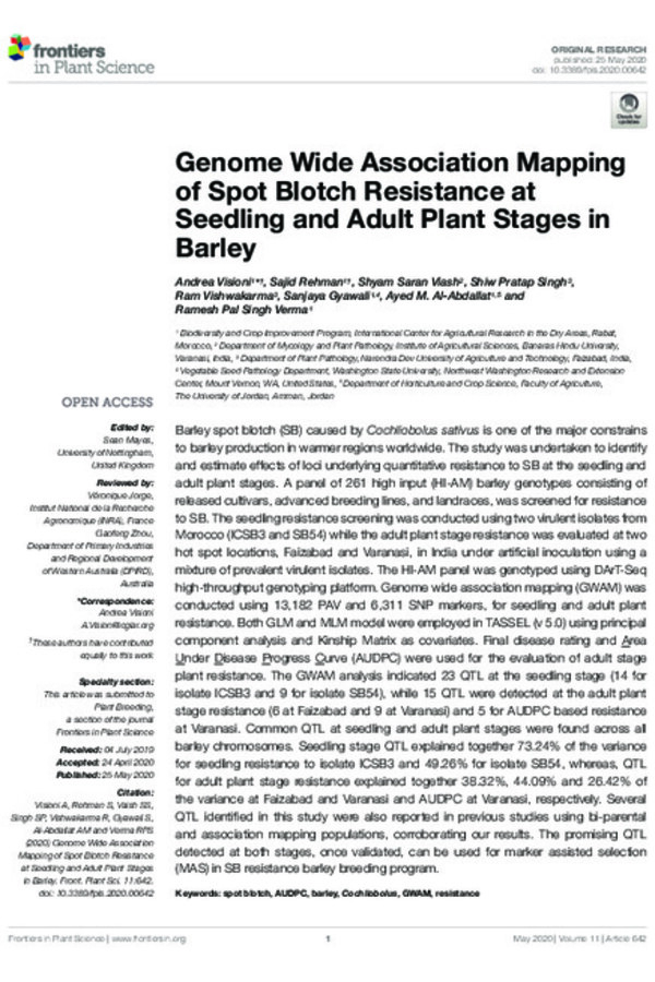 Genome Wide Association Mapping of Spot Blotch Resistance at Seedling and Adult Plant Stages in Barley