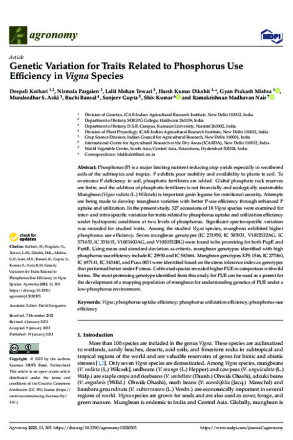 Genetic Variation for Traits Related to Phosphorus Use Efficiency in Vigna Species Genetic Variation for Traits Related to Phosphorus Use Efficiency in Vigna Species
