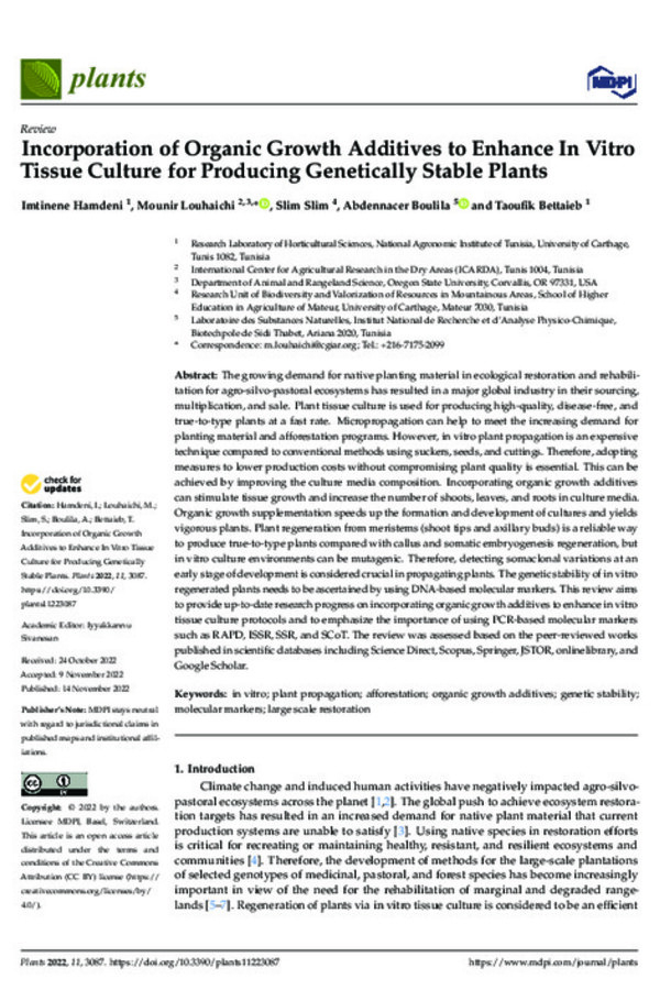 Incorporation of Organic Growth Additives to Enhance In Vitro Tissue Culture for Producing Genetically Stable Plants Incorporation of Organic Growth Additives to Enhance In Vitro Tissue Culture for Producing Genetically Stable Plants