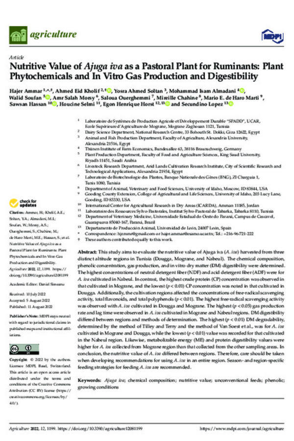 Nutritive Value of Ajuga iva as a Pastoral Plant for Ruminants: Plant Phytochemicals and In Vitro Gas Production and Digestibility