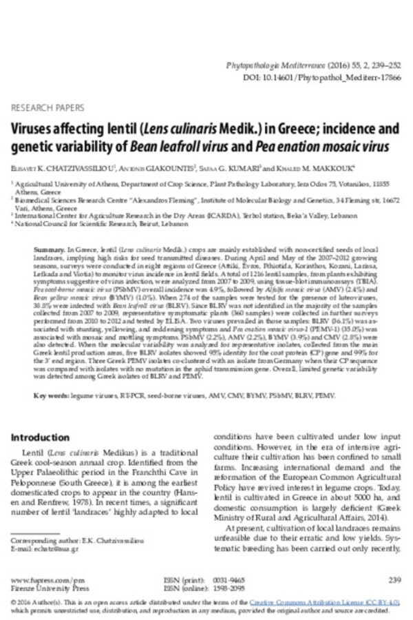 Viruses affecting lentil (Lens culinaris Medik.) in Greece; incidence and genetic variability of Bean leafroll virus and Pea enation mosaic virus