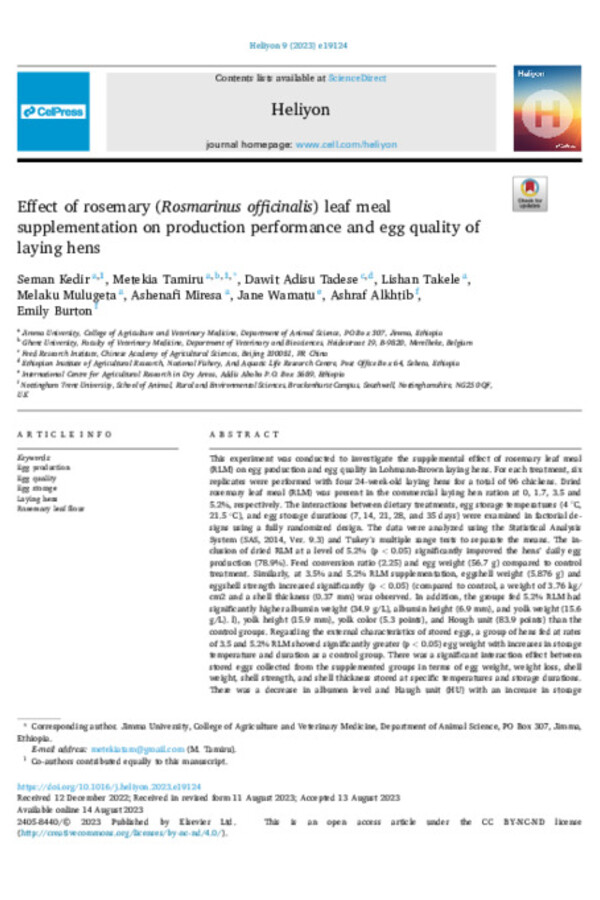 Effect of rosemary (Rosmarinus officinalis) leaf meal supplementation on production performance and egg quality of laying hens