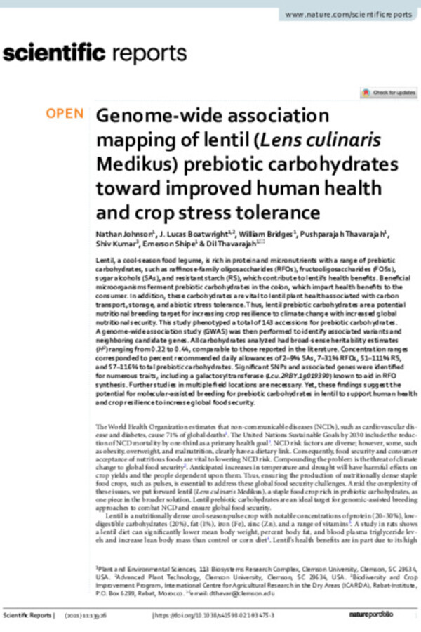 Genome-wide association mapping of lentil (Lens culinaris Medikus) prebiotic carbohydrates toward improved human health and crop stress tolerance