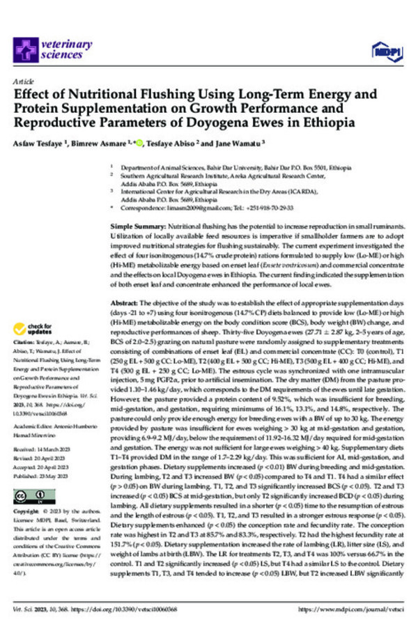 Effect of Nutritional Flushing Using Long-Term Energy and Protein Supplementation on Growth Performance and Reproductive Parameters of Doyogena Ewes in Ethiopia