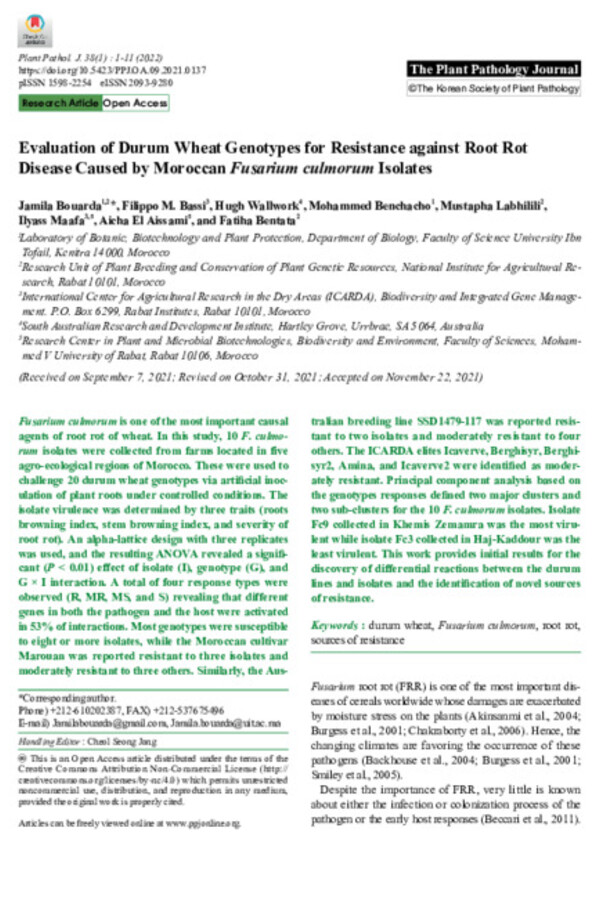 Evaluation of Durum Wheat Genotypes for Resistance against Root Rot Disease Caused by Moroccan Fusarium culmorum Isolates Evaluation of Durum Wheat Genotypes for Resistance against Root Rot Disease Caused by Moroccan Fusarium culmorum Isolates