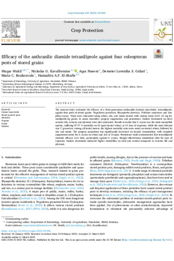 Efficacy of the anthranilic diamide tetraniliprole against four coleopteran pests of stored grains