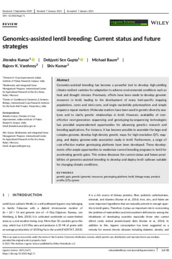 Genomics-assisted lentil breeding: Current status and futurestrategies Genomics-assisted lentil breeding: Current status and futurestrategies