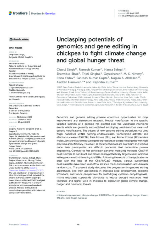 Unclasping potentials of genomics and gene editing in chickpea to fight climate change and global hunger threat Unclasping potentials of genomics and gene editing in chickpea to fight climate change and global hunger threat