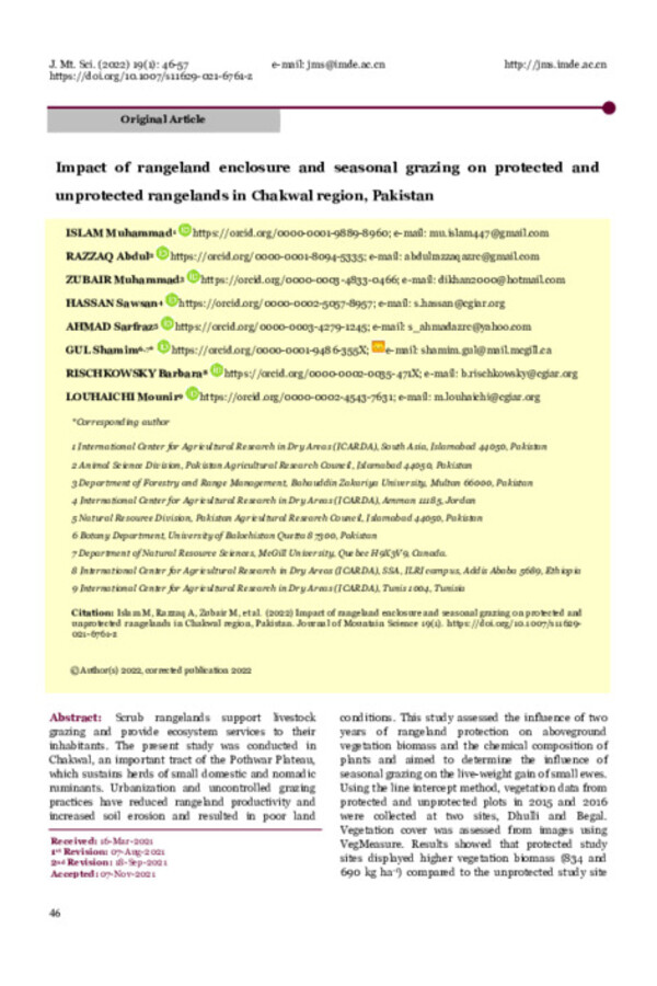 Impact of rangeland enclosure and seasonal grazing on protected and unprotected rangelands in Chakwal region, Pakistan Impact of rangeland enclosure and seasonal grazing on protected and unprotected rangelands in Chakwal region, Pakistan