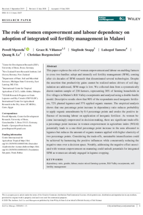 The role of women empowerment and labour dependency on adoption of integrated soil fertility management in Malawi