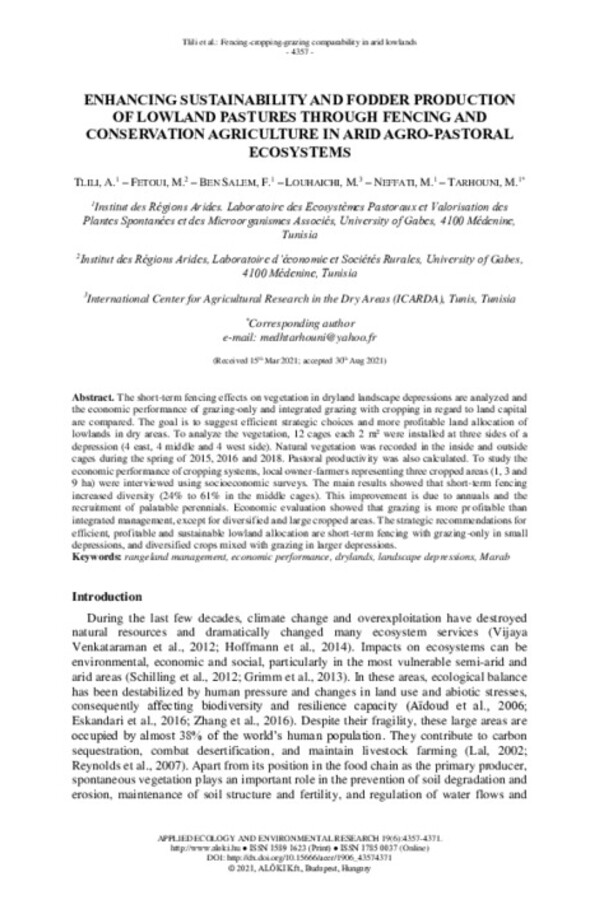 Enhancing sustainability and fodder production of lowland pastures through fencing and conservation agriculture in arid agro-pastoral ecosystems