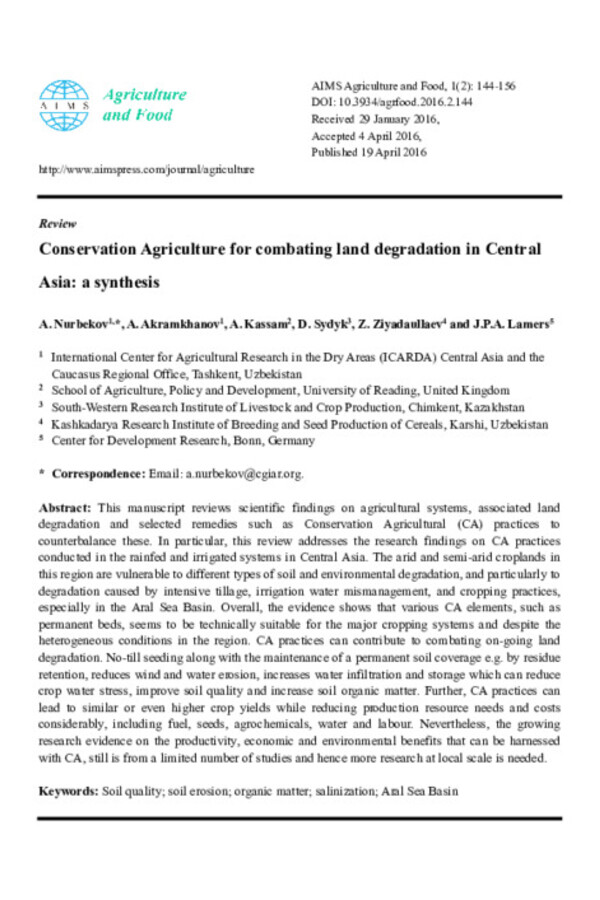 Conservation Agriculture for combating land degradation in Central Asia: a synthesis
