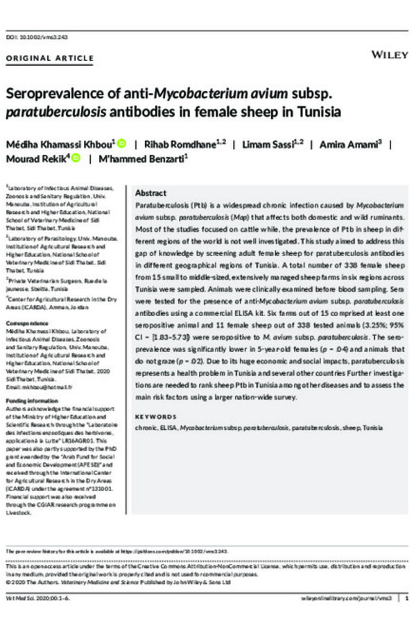 Seroprevalence of anti‐Mycobacterium avium subsp. paratuberculosis antibodies in female sheep in Tunisia Seroprevalence of anti‐Mycobacterium avium subsp. paratuberculosis antibodies in female sheep in Tunisia