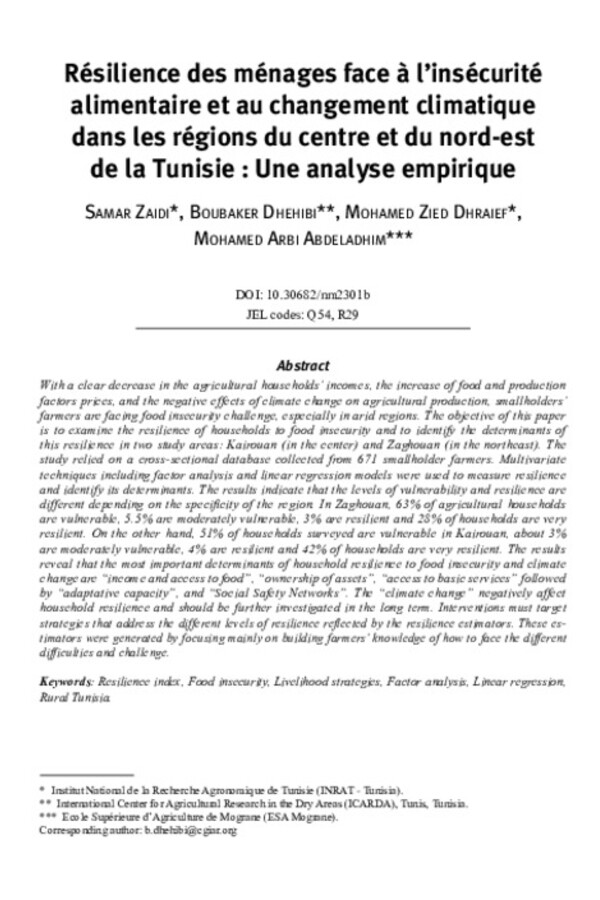 Résilience des ménages face à l’insécurité  alimentaire et au changement climatique dans les régions du centre et du nord-est de la Tunisie : Une analyse empirique