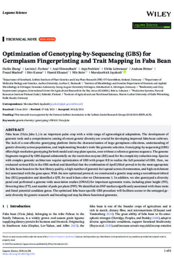 Optimization of Genotyping-by-Sequencing (GBS) forGermplasm Fingerprinting and Trait Mapping in Faba Bean Optimization of Genotyping-by-Sequencing (GBS) forGermplasm Fingerprinting and Trait Mapping in Faba Bean