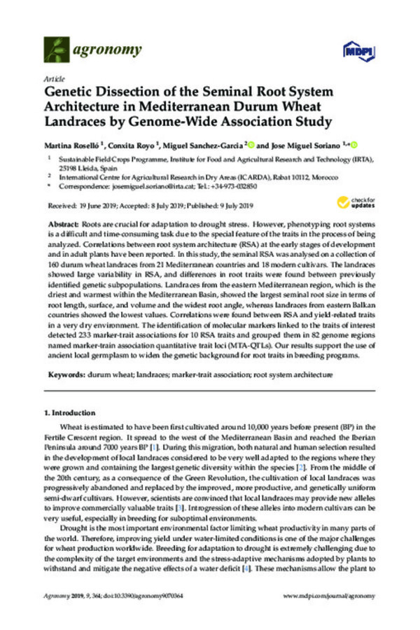 Genetic Dissection of the Seminal Root System Architecture in Mediterranean Durum Wheat Landraces by Genome-Wide Association Study