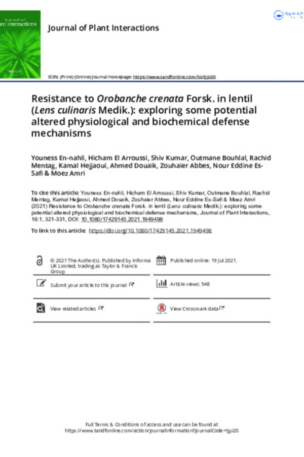 Resistance to Orobanche crenata Forsk. in lentil (Lens culinaris Medik.): exploring some potential altered physiological and biochemical defense mechanisms