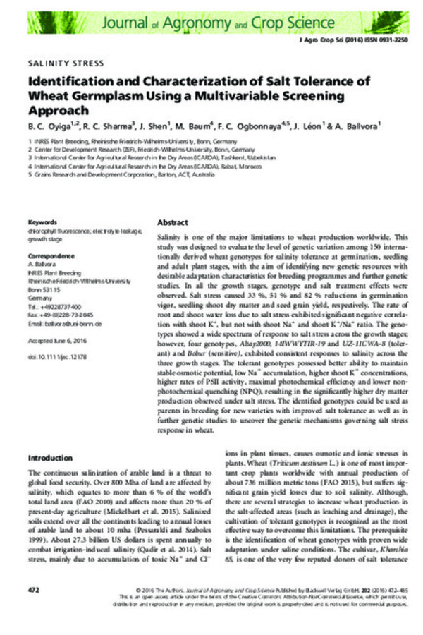 Identification and Characterization of Salt Tolerance of Wheat Germplasm Using a Multivariable Screening Approach Identification and Characterization of Salt Tolerance of Wheat Germplasm Using a Multivariable Screening Approach