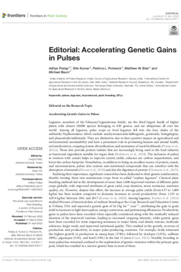 Editorial: Accelerating Genetic Gains in Pulses