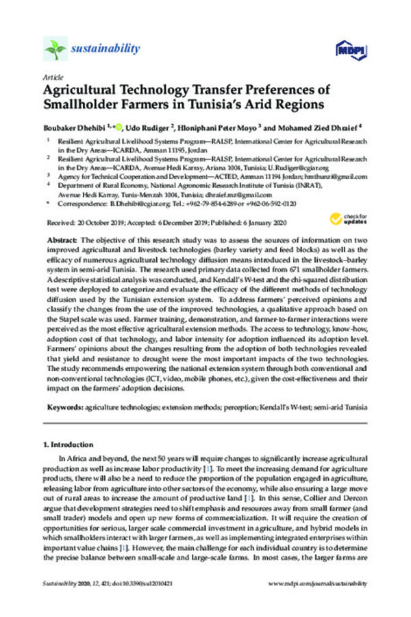 Agricultural Technology Transfer Preferences of Smallholder Farmers in Tunisia’s Arid Regions