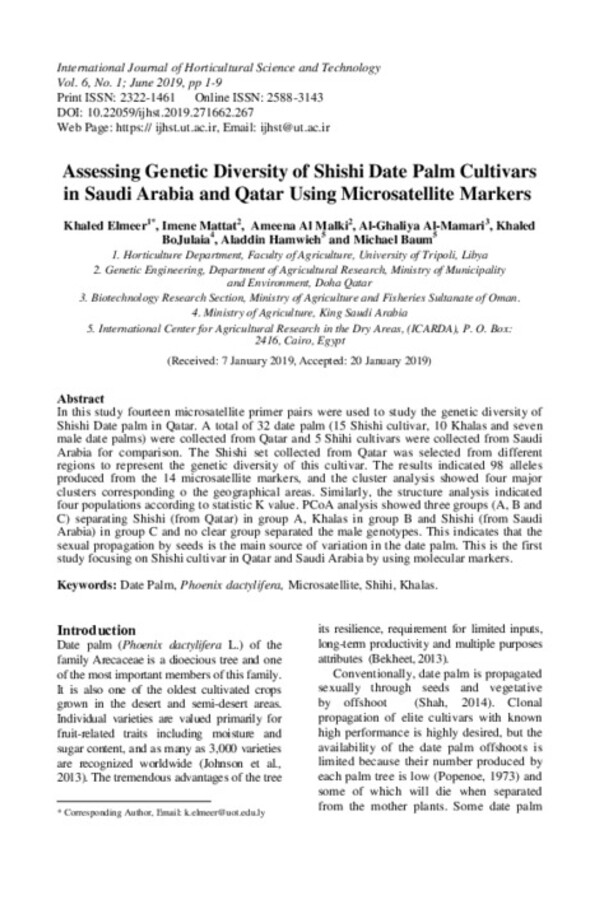 Assessing Genetic Diversity of Shishi Date Palm Cultivars in Saudi Arabia and Qatar Using Microsatellite Markers Assessing Genetic Diversity of Shishi Date Palm Cultivars in Saudi Arabia and Qatar Using Microsatellite Markers