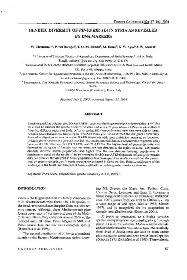 Genetic diversity of Pinus brutia in Syria as revealed by DNA markers Genetic diversity of Pinus brutia in Syria as revealed by DNA markers