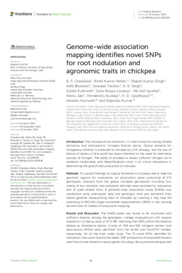 Genome-wide association mapping identifies novel SNPs for root nodulation and agronomic traits in chickpea