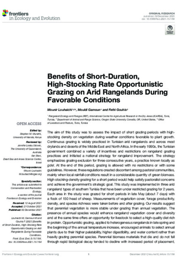 Benefits of Short-Duration, High-Stocking Rate Opportunistic Grazing on Arid Rangelands During Favorable Conditions Benefits of Short-Duration, High-Stocking Rate Opportunistic Grazing on Arid Rangelands During Favorable Conditions