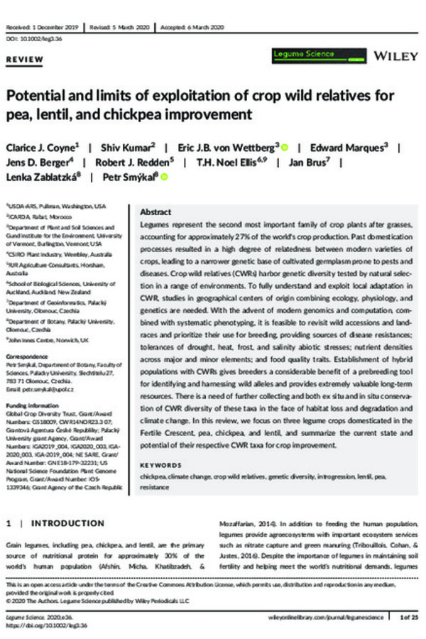 Potential and limits of exploitation of crop wild relatives for pea, lentil, and chickpea improvement Potential and limits of exploitation of crop wild relatives for pea, lentil, and chickpea improvement