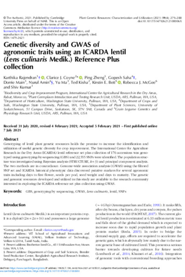 Genetic diversity and GWAS of agronomic traits using an ICARDA lentil (Lens culinaris Medik.) Reference Plus collection Genetic diversity and GWAS of agronomic traits using an ICARDA lentil (Lens culinaris Medik.) Reference Plus collection