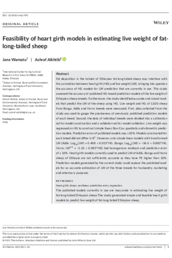 Feasibility of heart girth models in estimating live weight of fat-long-tailed sheep