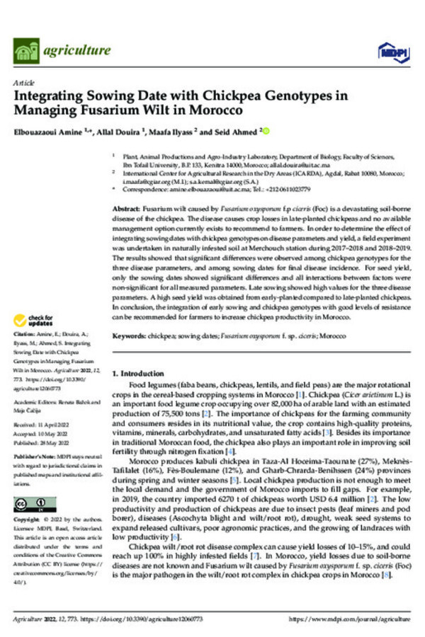 Integrating Sowing Date with Chickpea Genotypes in Managing Fusarium Wilt in Morocco Integrating Sowing Date with Chickpea Genotypes in Managing Fusarium Wilt in Morocco