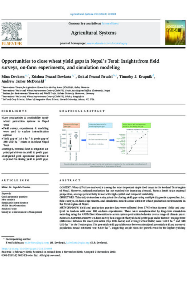 Opportunities to close wheat yield gaps in Nepal’s Terai: Insights from field  surveys, on-farm experiments, and simulation modeling