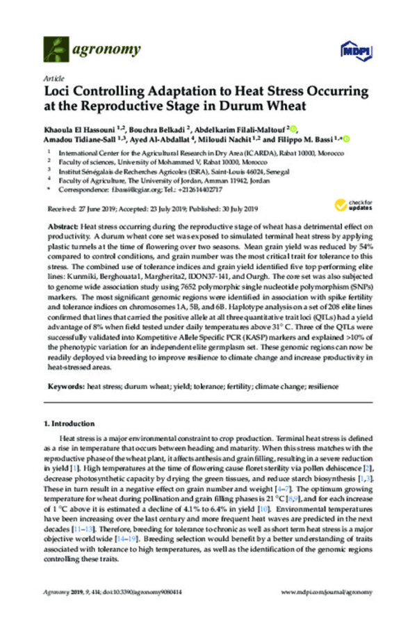 Loci Controlling Adaptation to Heat Stress Occurring at the Reproductive Stage in Durum Wheat Loci Controlling Adaptation to Heat Stress Occurring at the Reproductive Stage in Durum Wheat