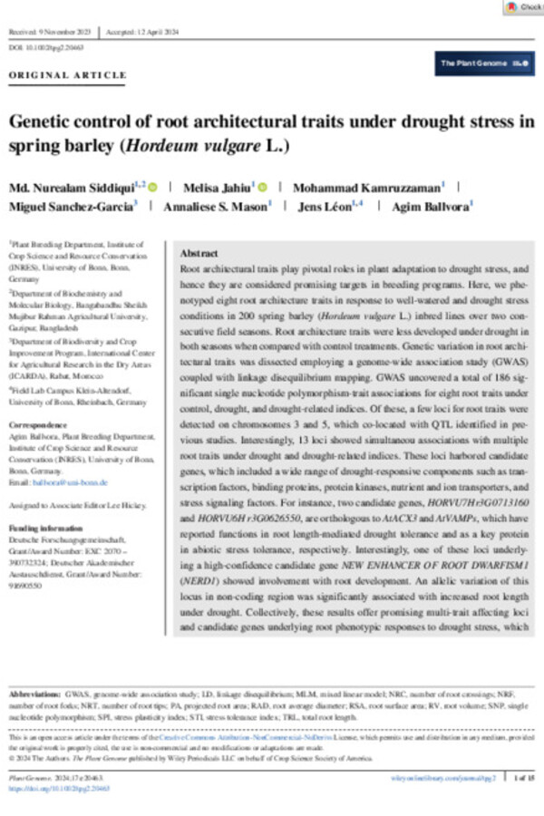 Genetic control of root architectural traits under drought stress in spring barley (Hordeum vulgare L.) Genetic control of root architectural traits under drought stress in spring barley (Hordeum vulgare L.)