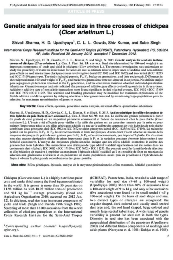 Genetic analysis for seed size in three crosses of chickpea (Cicer arietinum L.) Genetic analysis for seed size in three crosses of chickpea (Cicer arietinum L.)