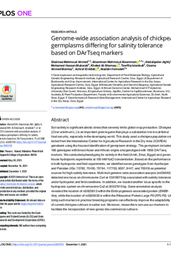 Genome-wide association analysis of chickpea germplasms differing for salinity tolerance based on DArTseq markers Genome-wide association analysis of chickpea germplasms differing for salinity tolerance based on DArTseq markers