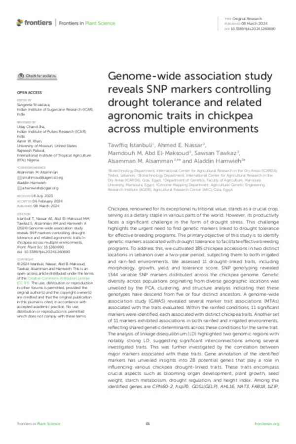 Genome-wide association study reveals SNP markers controlling drought tolerance and related agronomic traits in chickpea across multiple environments