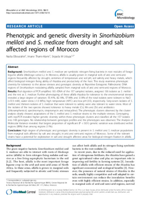 Phenotypic and genetic diversity in Sinorhizobium meliloti and S. medicae from drought and salt affected regions of Morocco Phenotypic and genetic diversity in Sinorhizobium meliloti and S. medicae from drought and salt affected regions of Morocco