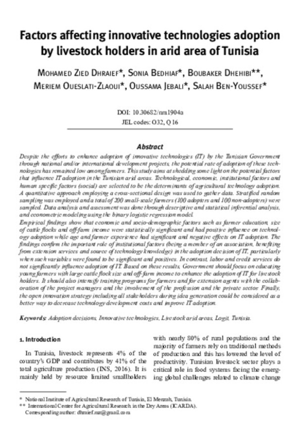 Factors affecting innovative technologies adoption by livestock holders in arid area of Tunisia Factors affecting innovative technologies adoption by livestock holders in arid area of Tunisia