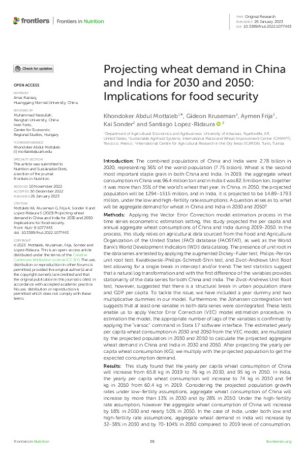 Projecting wheat demand in China and India for 2030 and 2050: Implications for food security Projecting wheat demand in China and India for 2030 and 2050: Implications for food security