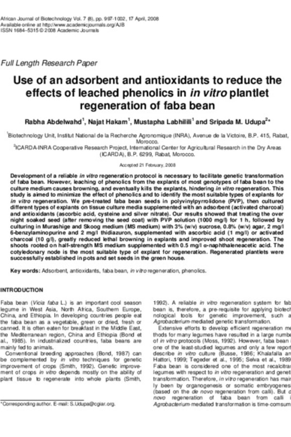 Use of an adsorbent and antioxidants to reduce the effects of leached phenolics in in vitro plantlet regeneration of faba bean