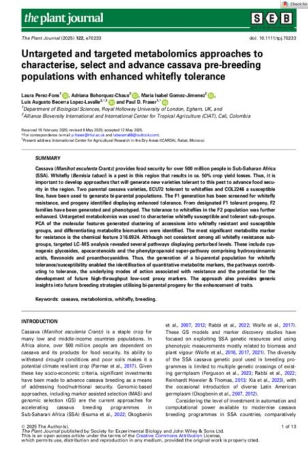 Untargeted and targeted metabolomics approaches to characterise, select and advance cassava pre-breeding populations with enhanced whitefly tolerance